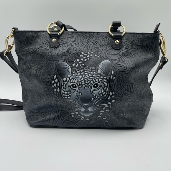 Anuschka Tooled Leather Crossbody Bag Adjustable Strap Cleopatra's Leopard Tote - Picture 1 of 15